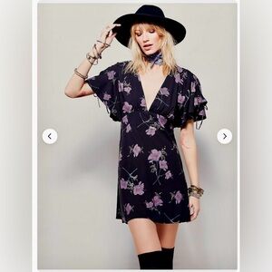 NWT Free People Melanie Mini Dress Sz 6 Black With Purple Floral Ratailed $128